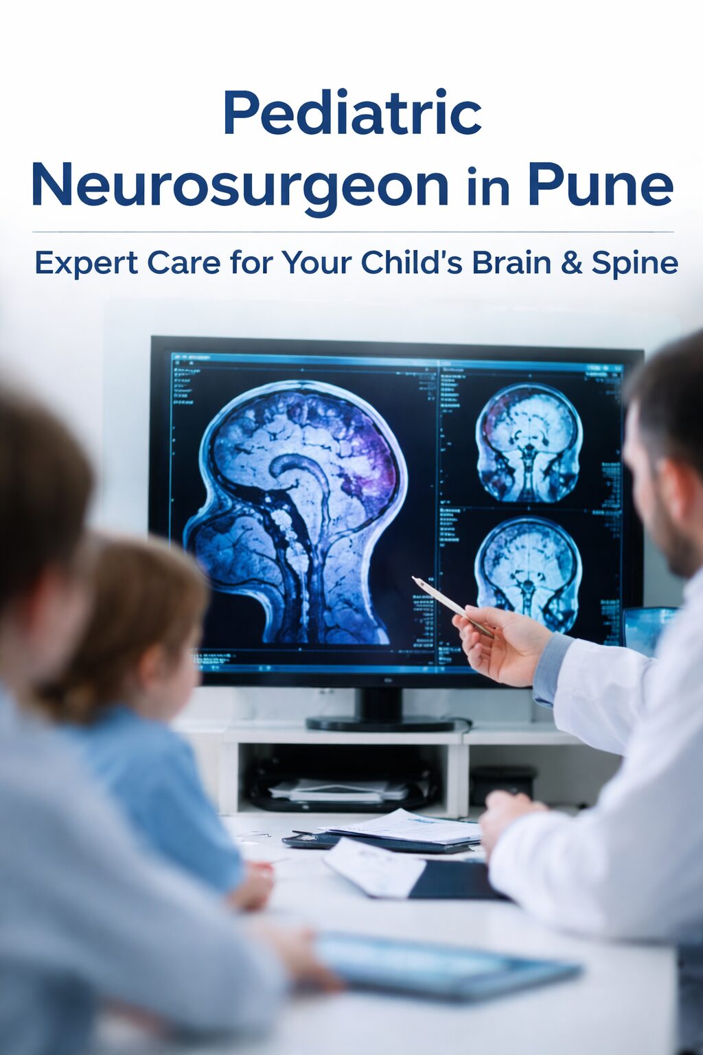 Pediatric brain MRI scan on screen representing child neurosurgery care in Pune