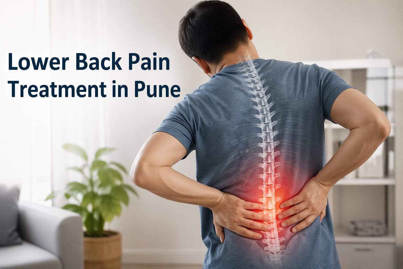 Man holding lower back with highlighted spine pain concept for lower back pain treatment in Pune