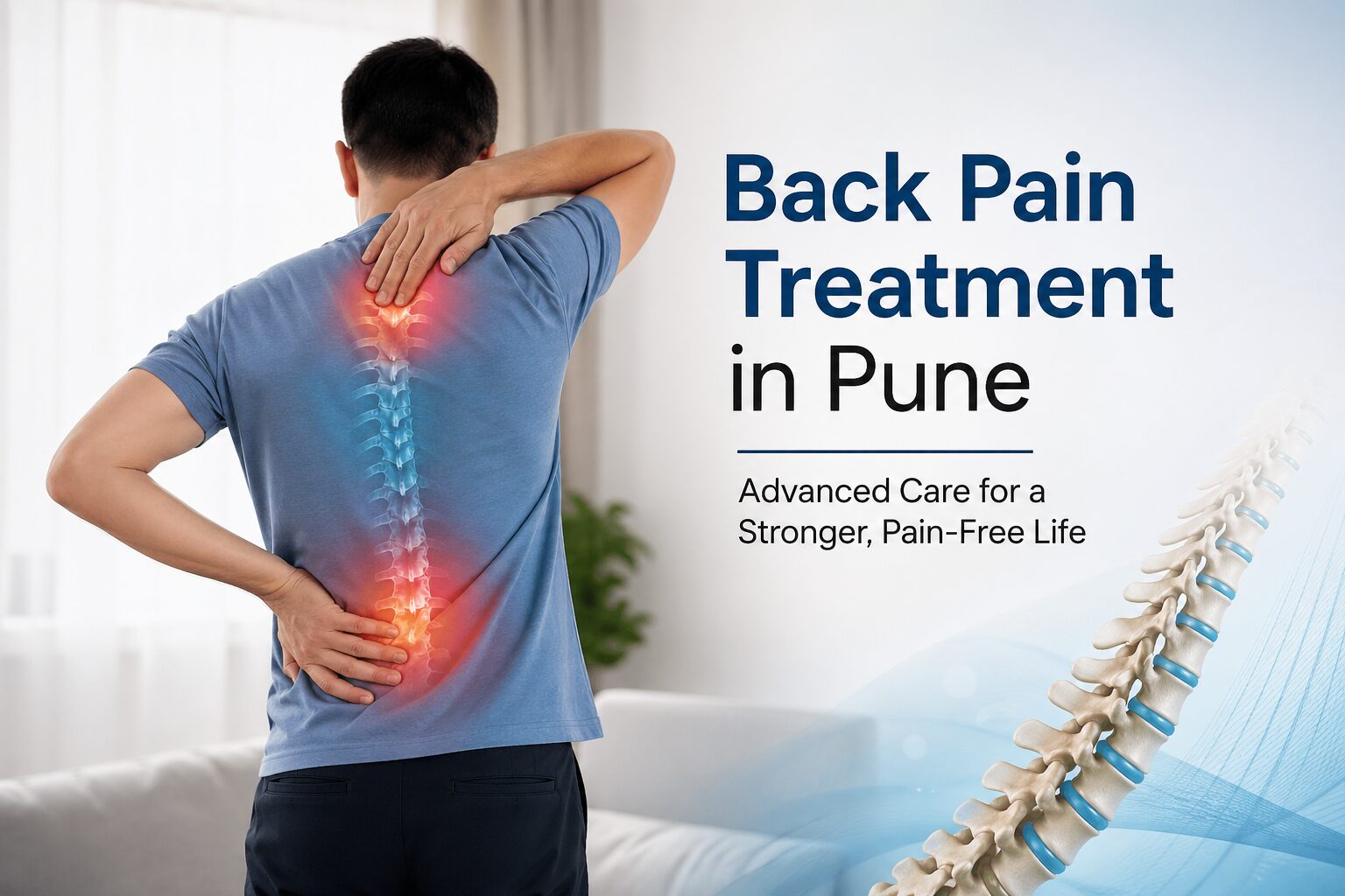 Person holding lower back in pain with highlighted spine illustration for back pain treatment concept
