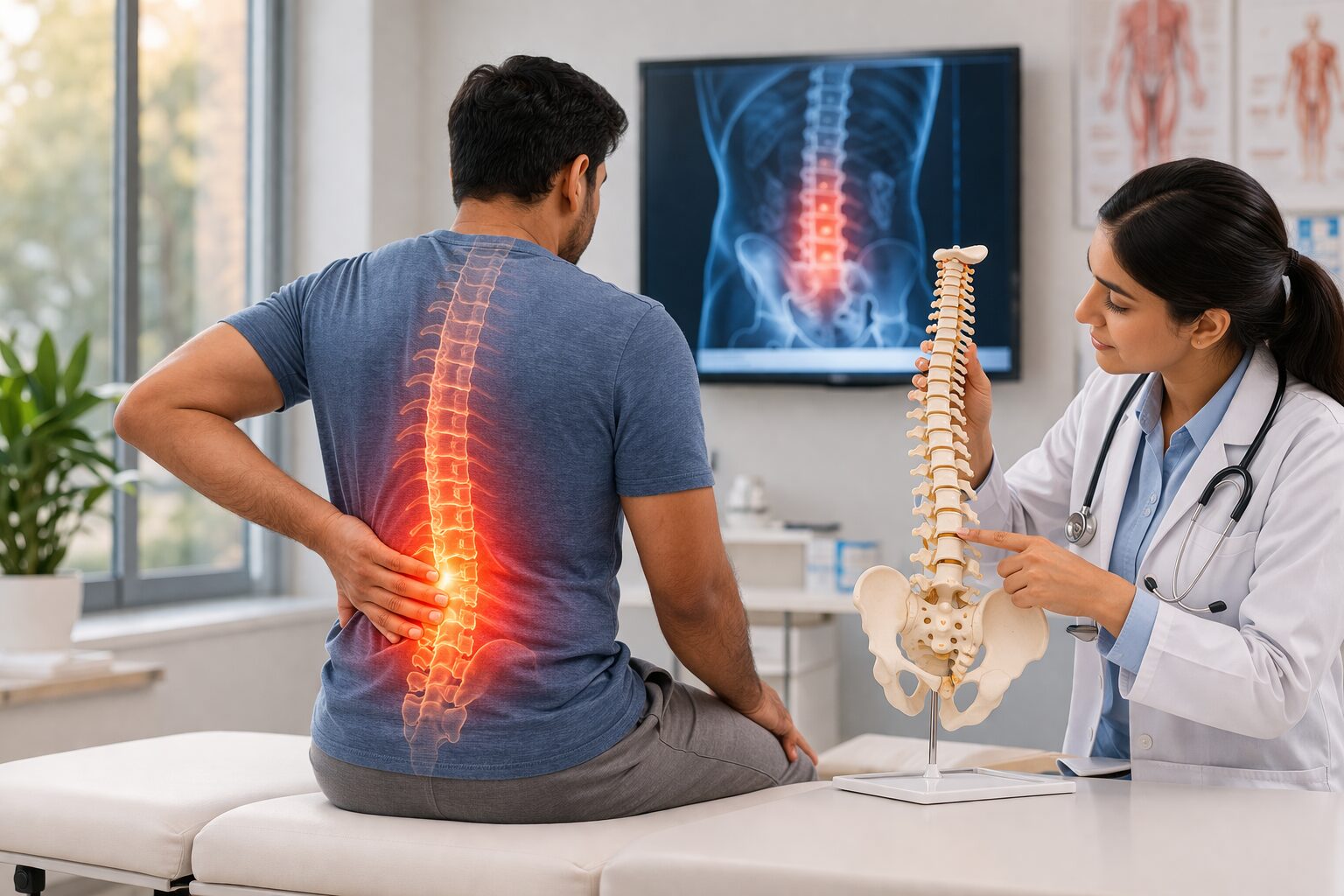 Back pain relief concept showing a man holding his lower back with highlighted pain area and spine model in a clinical setting