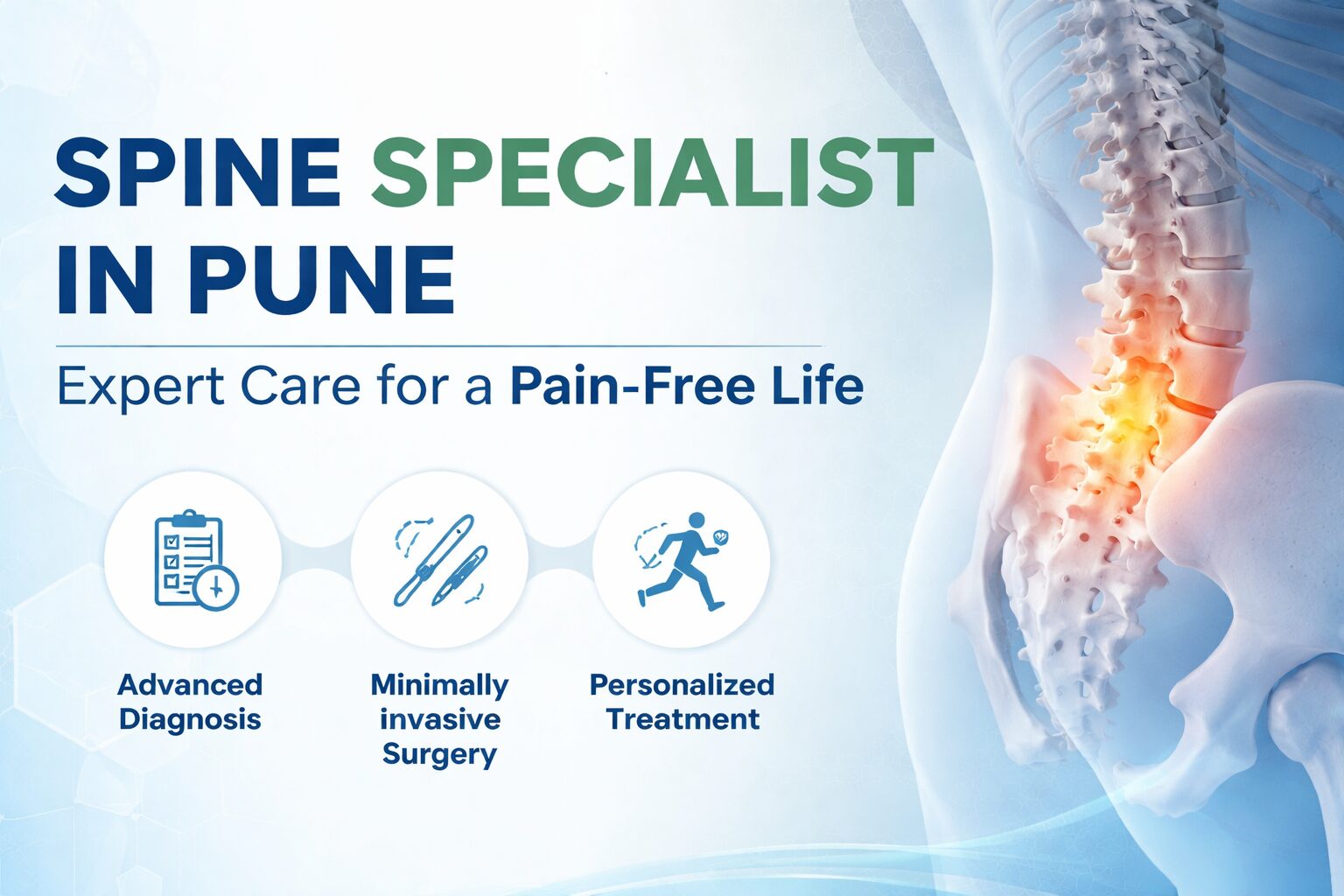 Illustration of a human spine with highlighted lower back pain area on a clean blue background representing spine care treatment.