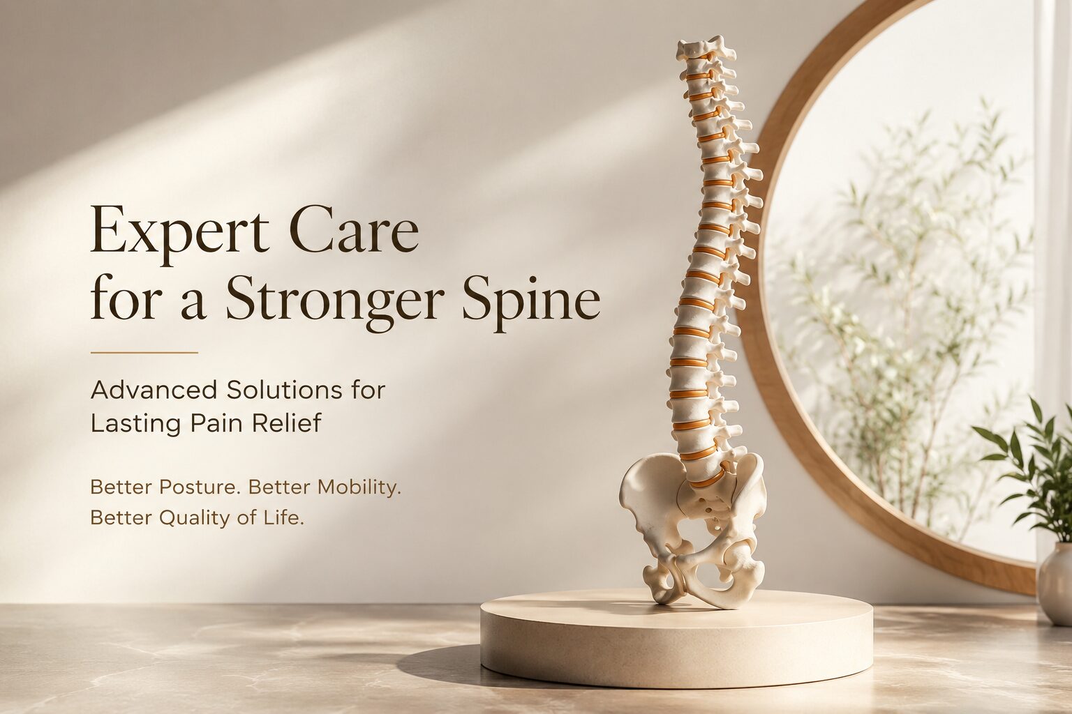 Minimal aesthetic spine care illustration featuring a realistic human spine model in a calm modern interior representing spine specialist services in Pune.