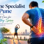 Aesthetic healthcare image showing a glowing human spine with a man stretching outdoors, representing advanced spine care and healthy living in Pune.