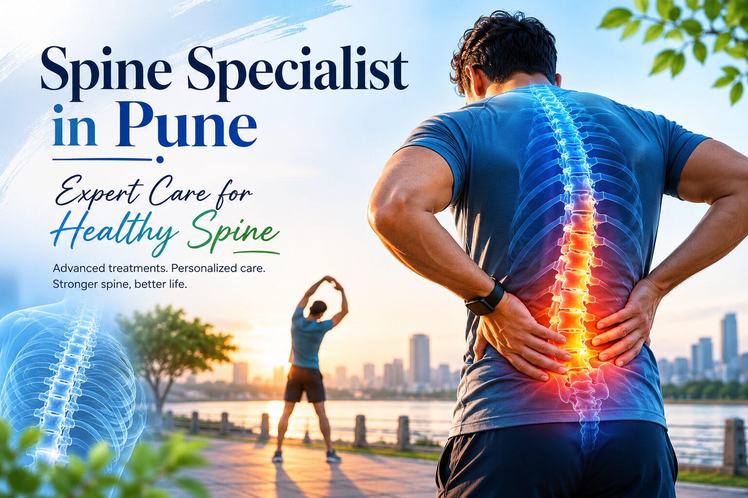 Aesthetic healthcare image showing a glowing human spine with a man stretching outdoors, representing advanced spine care and healthy living in Pune.
