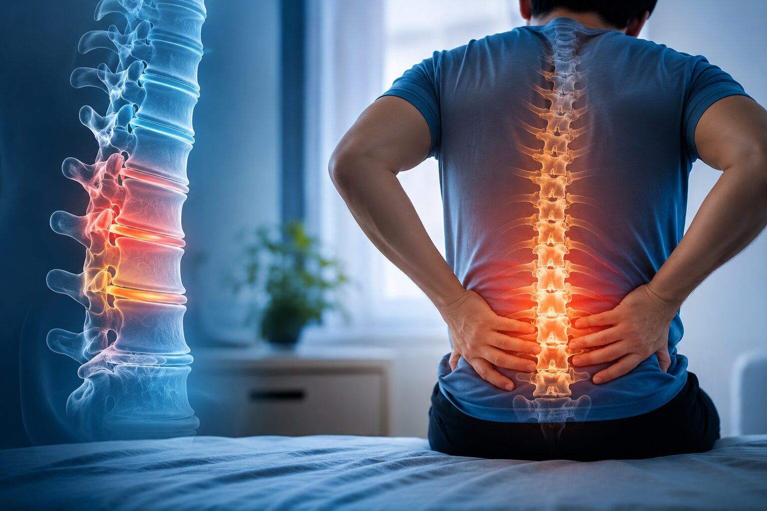Illustration of lower back pain with highlighted spine anatomy, showcasing spinal health, back pain treatment, and advanced spine care.