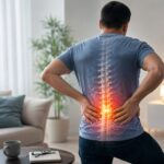 Person experiencing lower back pain at home with highlighted lumbar spine area, representing advanced lower back pain treatment and spine care solutions in Pune.