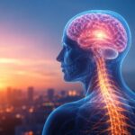 Best Neurosurgeon in Pune concept image showing a glowing human brain and spine illustration with a modern city background, representing advanced brain and spine care.