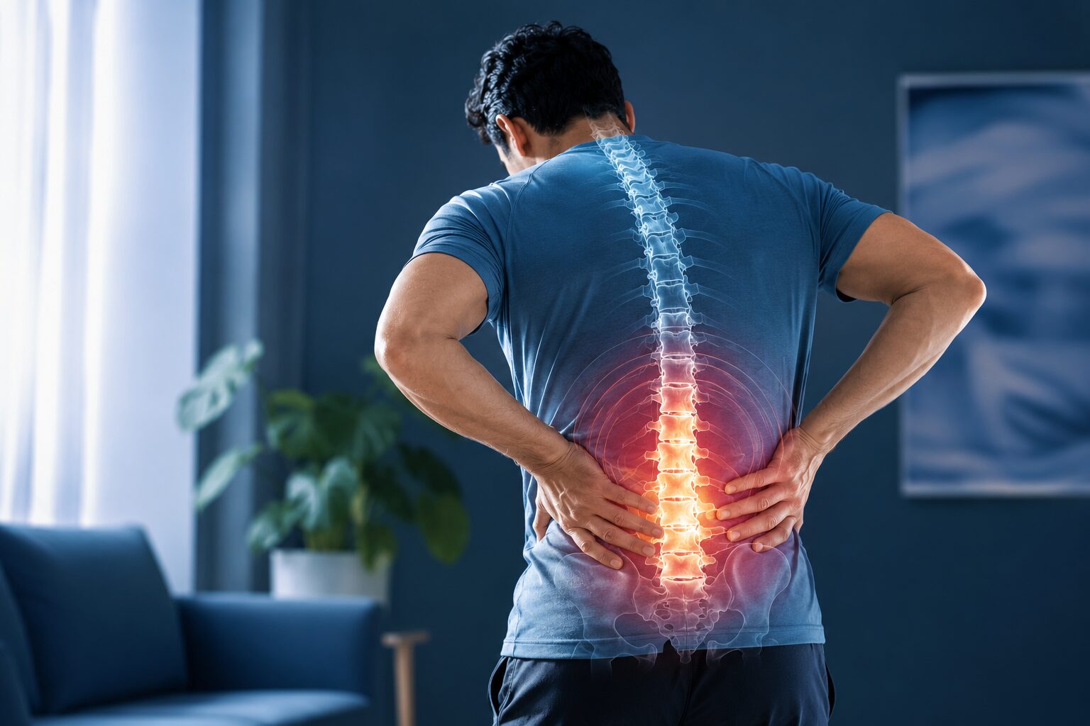 Aesthetic healthcare image featuring a healthy human spine with a calm, wellness-focused background, symbolizing advanced back pain treatment and quality spine healthcare.