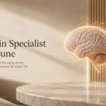 Aesthetic medical-themed image featuring a detailed 3D human brain illuminated with soft glowing neural connections in a modern, elegant clinical environment, representing advanced brain specialist care in Pune.