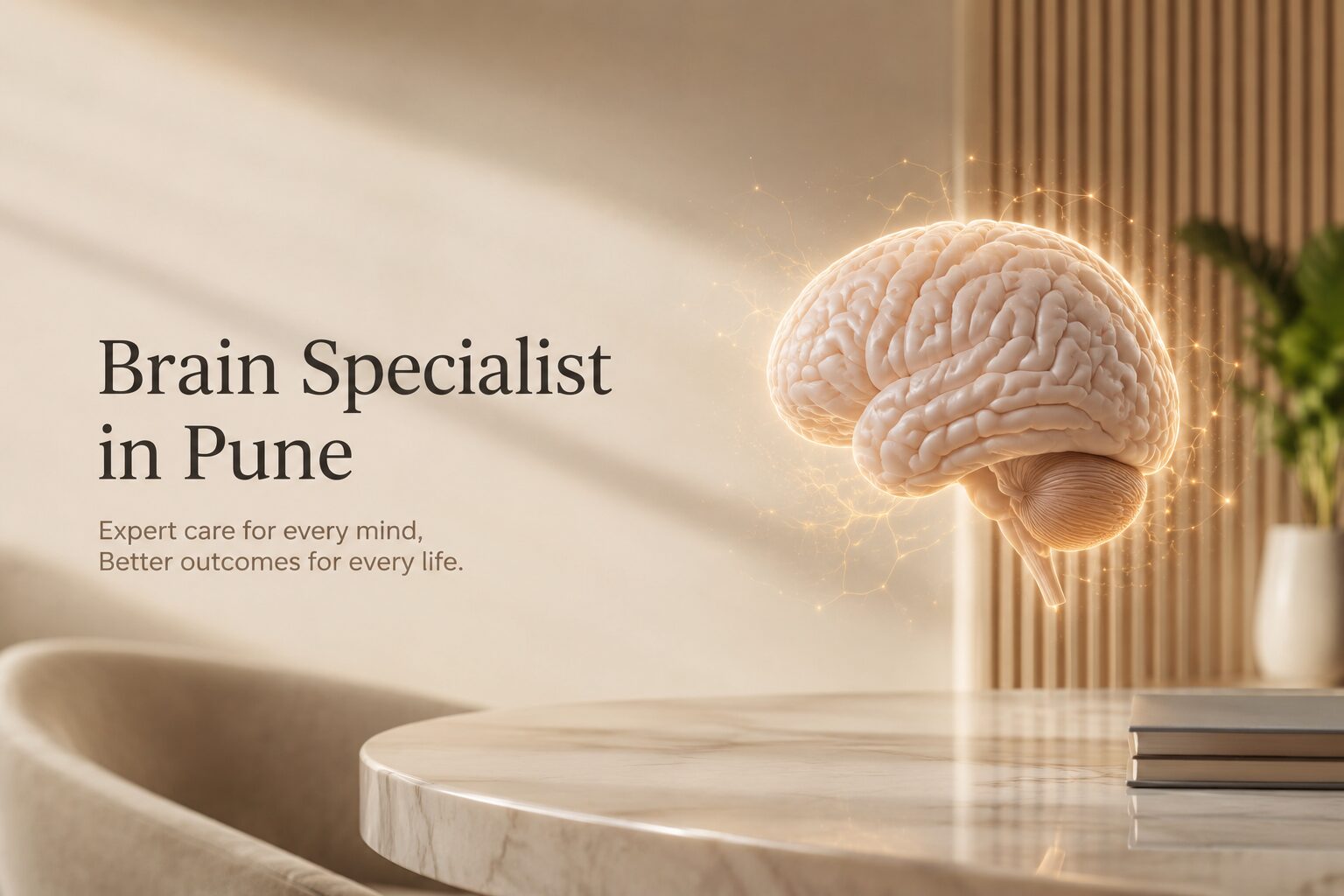 Aesthetic medical-themed image featuring a detailed 3D human brain illuminated with soft glowing neural connections in a modern, elegant clinical environment, representing advanced brain specialist care in Pune.