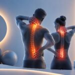 Aesthetic medical illustration of two individuals highlighting the neck and lower back spine with glowing anatomical visualization, representing chronic back and neck pain without text or doctor imagery.