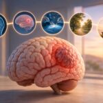 Illustration of a human brain with a highlighted tumor concept, representing diagnosis, brain surgery, recovery, and advanced neurological care.
