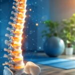 Aesthetic 3D illustration of a healthy human spine with glowing intervertebral discs in a modern rehabilitation setting, symbolizing advanced minimally invasive spine care and recovery.