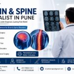 Advanced brain and spine care concept showing a neurospecialist reviewing brain scans with a highlighted spine, representing expert diagnosis and treatment for neurological and spinal disorders in Pune.