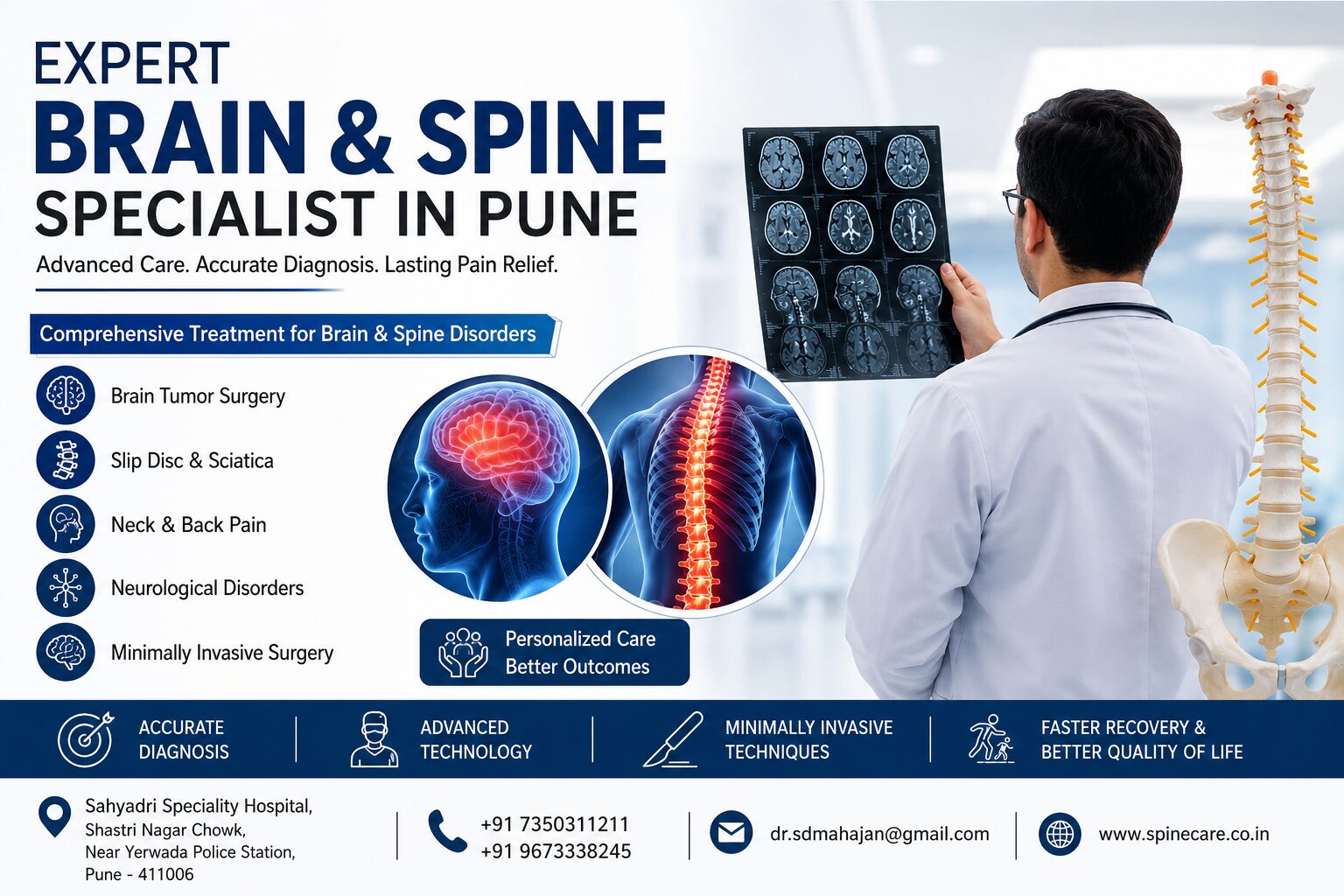Advanced brain and spine care concept showing a neurospecialist reviewing brain scans with a highlighted spine, representing expert diagnosis and treatment for neurological and spinal disorders in Pune.