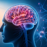 Aesthetic medical illustration of a human brain showing neurological activity and brain health