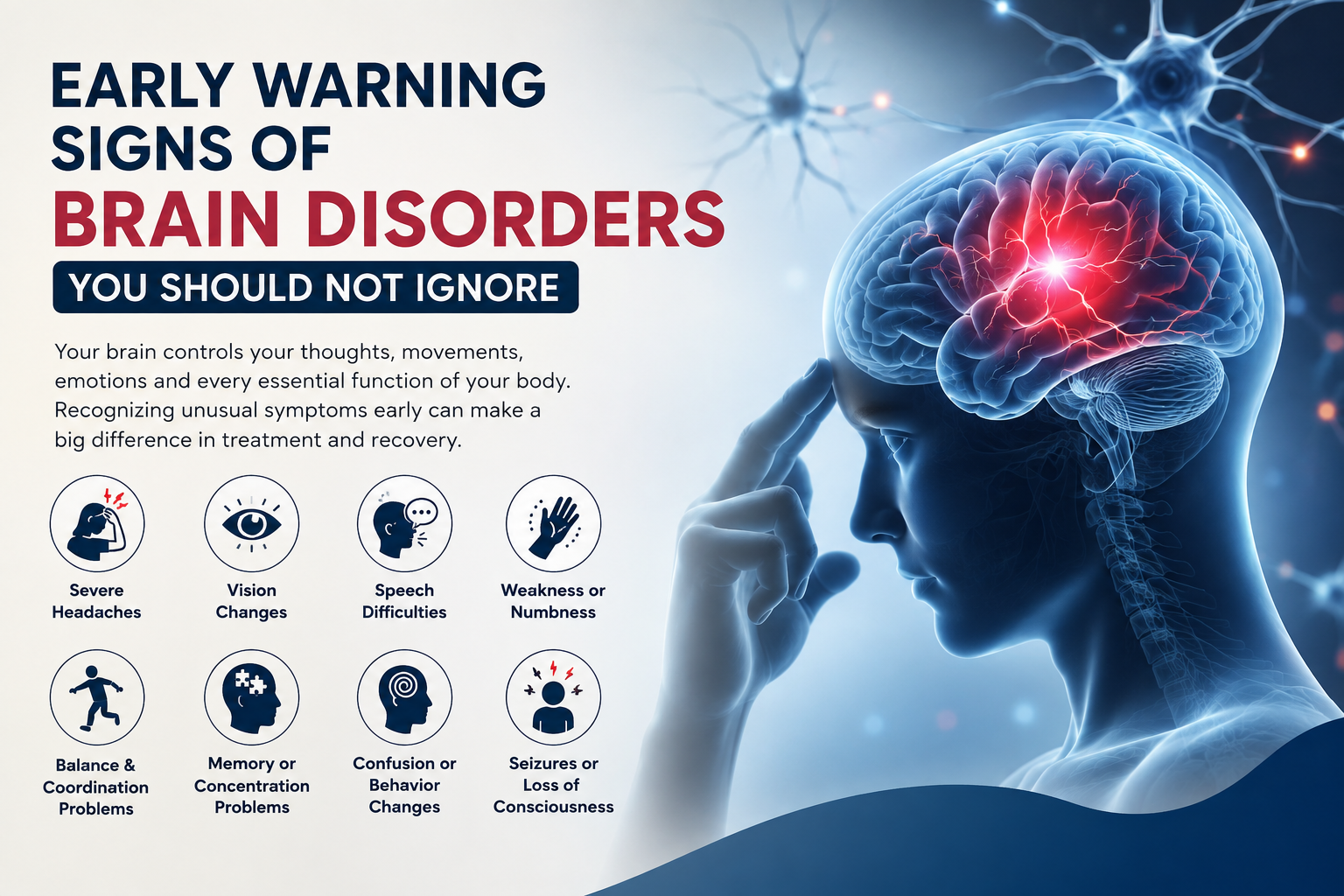 Early warning signs of brain disorders including severe headaches, vision changes, speech difficulties, weakness, balance problems, memory changes, confusion, and seizures.