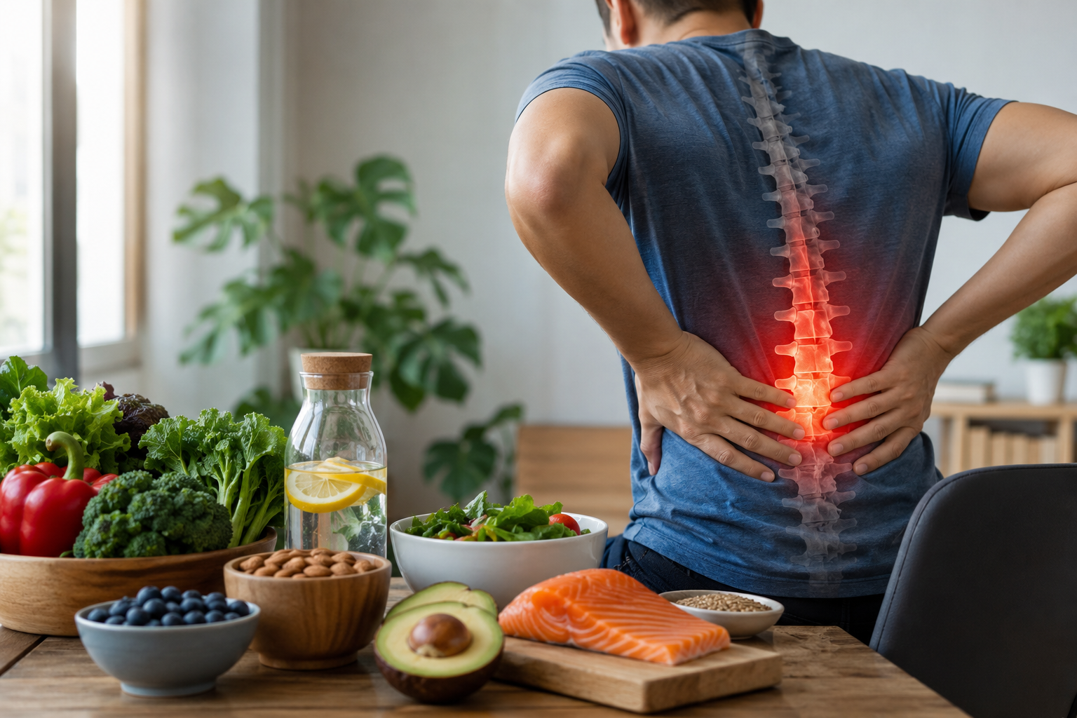 Person experiencing lower back pain while surrounded by healthy foods such as vegetables, salmon, avocado, almonds, and blueberries.