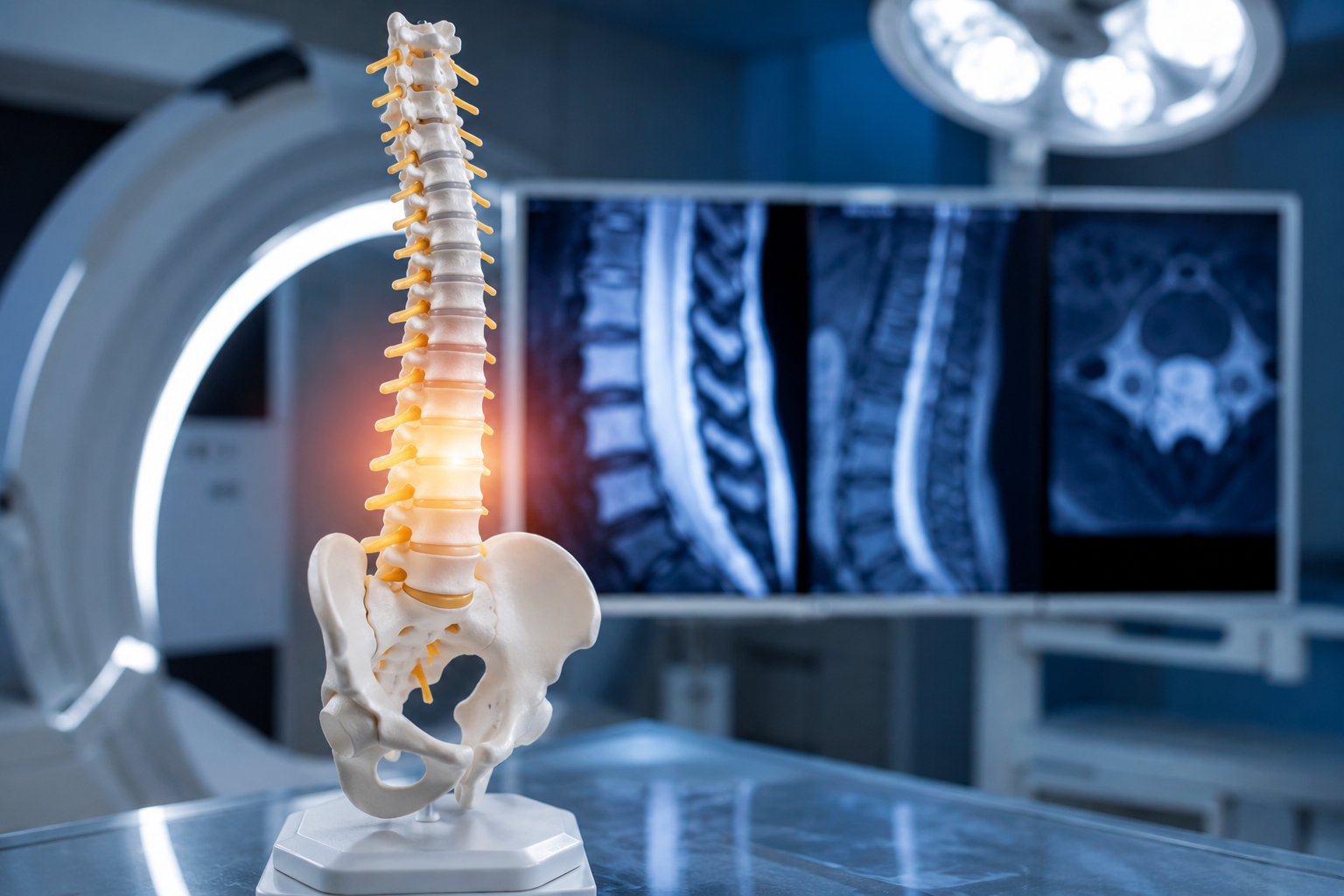 Spine model with highlighted nerves in a modern medical imaging and surgical setting